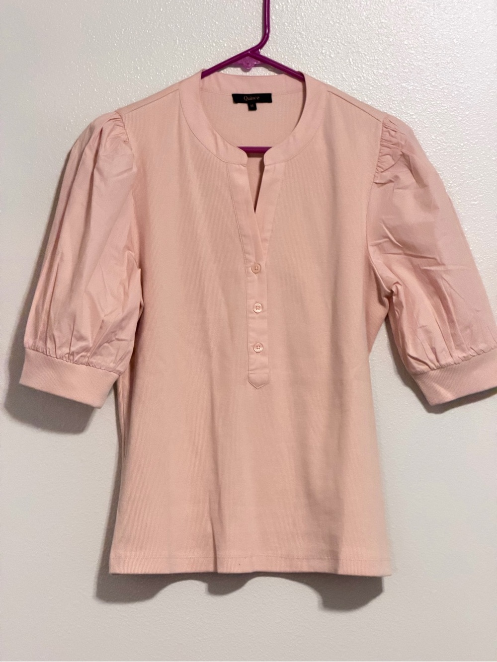 Quince Light Blush Puff-Sleeve Henley Top - Picture 1 of 4